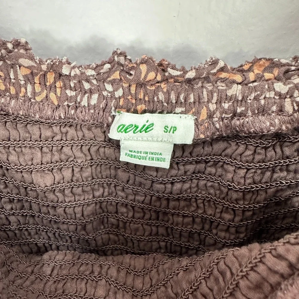 Aerie‎ Smocked Sundress S Brown Boho Cottagecore Coquette Ruffle Hem Tie Strap - Picture 5 of 7
